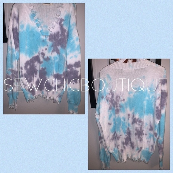Tie Dyed V-Neck Sweater with Frayed Hem - Picture 6 of 8